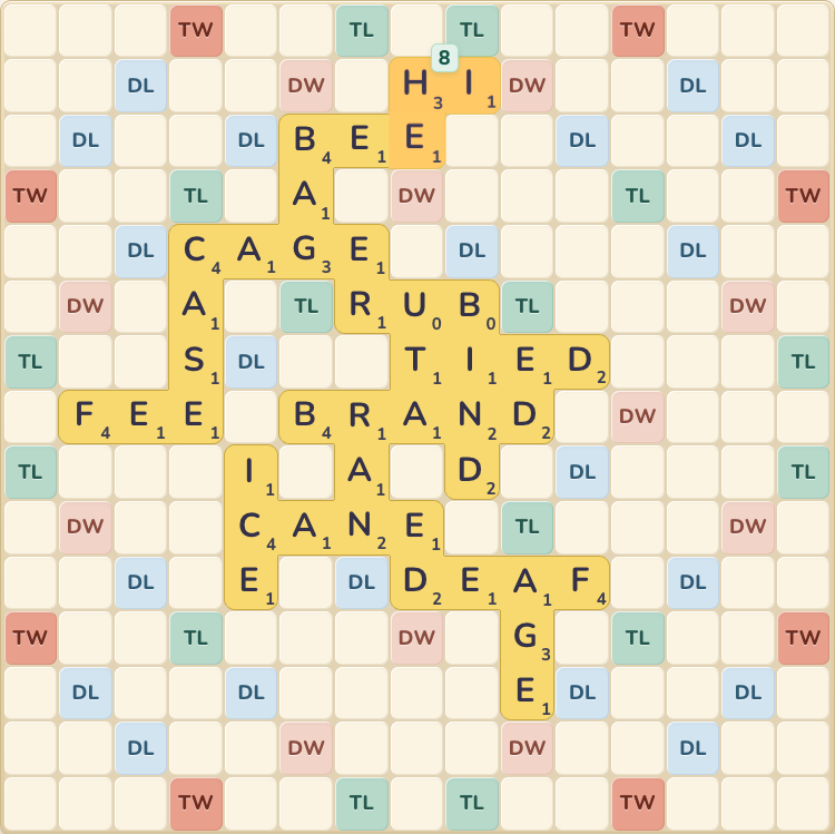 Word Derby board with connected words on gold letter tiles and colorful bonus squares